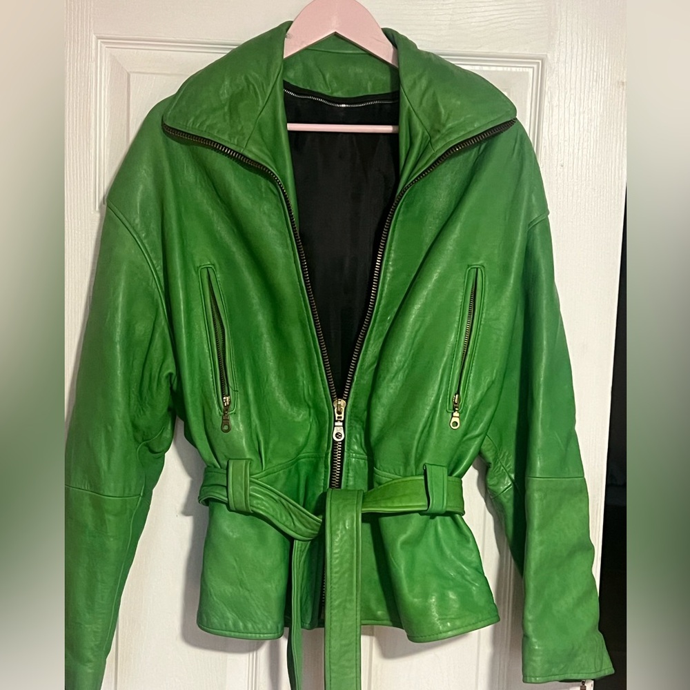 Vibrant Green Moto Leather Jacket with Belted Waist